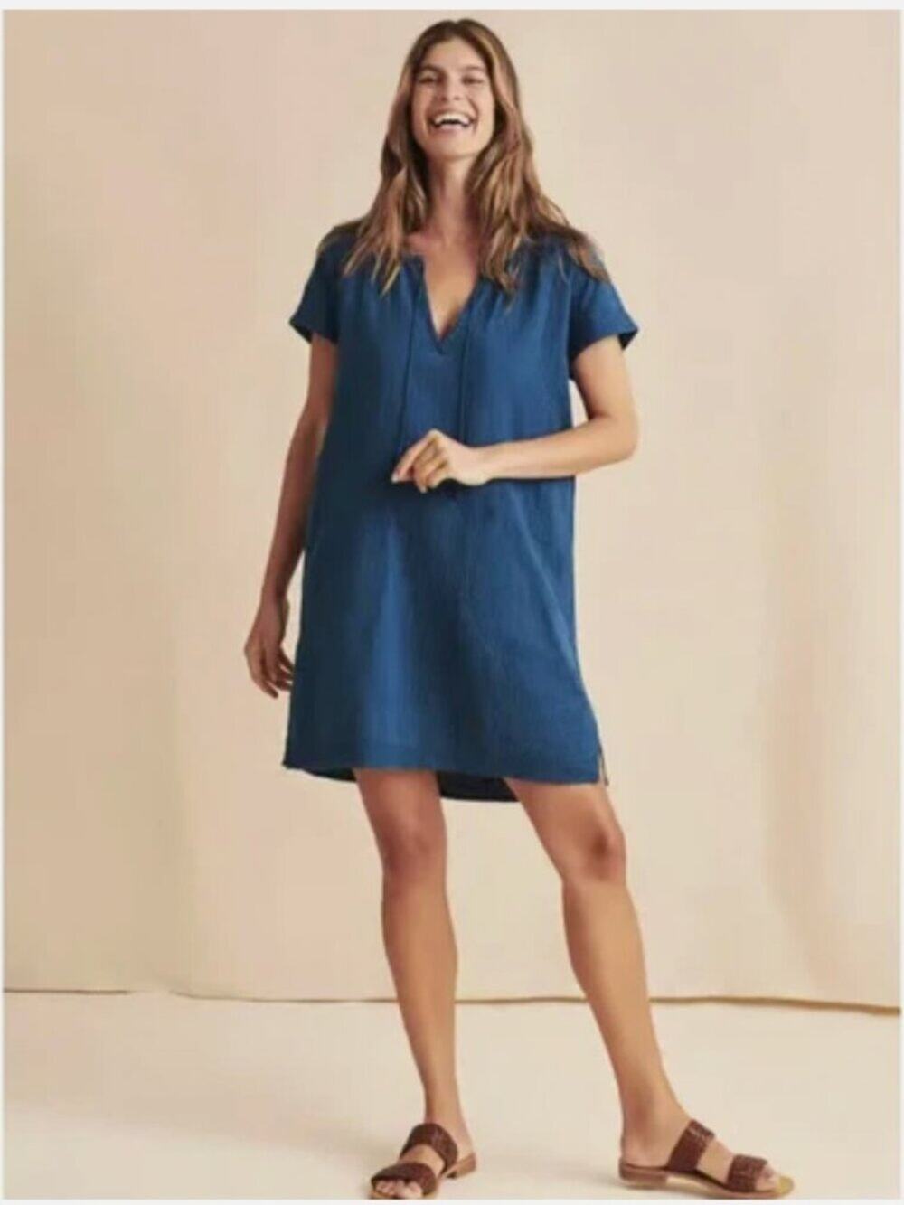 Faherty Ninie Blue Crinkle Organic Cotton Shift Dress